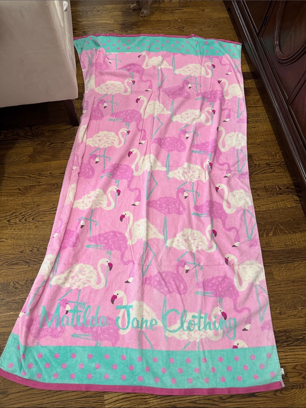 Matilda Jane Pink Flamingo Print Towel with Aqua Trim